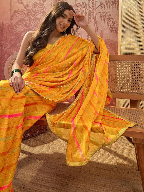 Vasthrlay Chiffon Bandhani Multicolour Red Saree With Unstitched Blouse Piece
