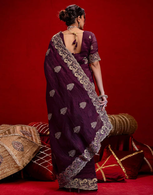 Vasthrlay Embroidery Scalloped Unstitched Maroon Saree