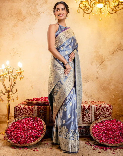 Vasthrlay Jacquard Banarasi Dusty Blue Saree With Unstitched Blouse Piece