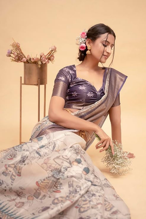Vasthrlay Off White1 Abstract Print Polyester Saree With Antique Zari Border And Unstitched Blouse Piece