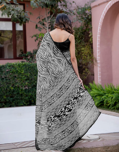 Vasthrlay Womens Printed Unstitched White Saree