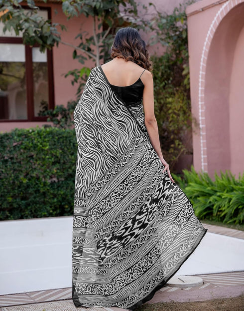 Vasthrlay Womens Printed Black And Beige Saree With Unstitched Blouse Piece