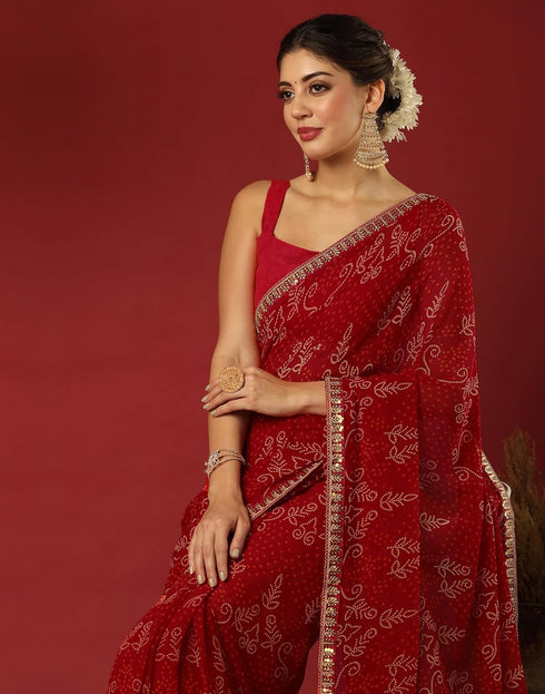 Vasthrlay Georgette Bandhani Unstitched Rani Pink Saree