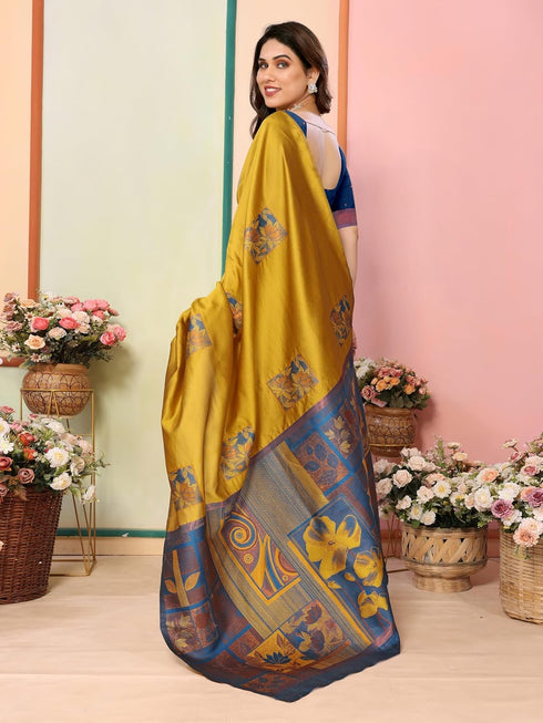 VasthrlayKanjivaram Banarasi Unstitched Mustard Free Ethnic Wear