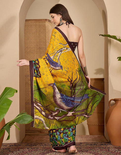 Vasthrlay Womens Printed Yellow | Multicolour Saree With Unstitched Blouse Piece