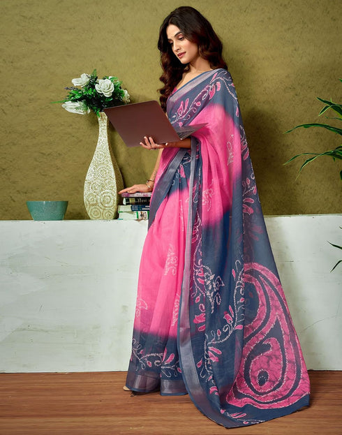 Vasthrlay Womens Cotton Printed Blue And Pink Saree With Unstitched Blouse Piece