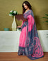 Vasthrlay Womens Cotton Printed Blue And Pink Saree With Unstitched Blouse Piece