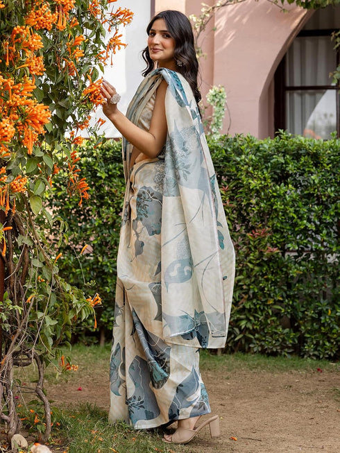 Vasthrlay Shimmer Printed Unstitched Light Green Saree
