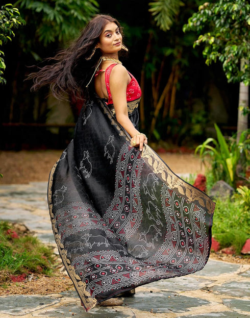 Vasthrlay Bandhani Printed Unstitched Black Saree