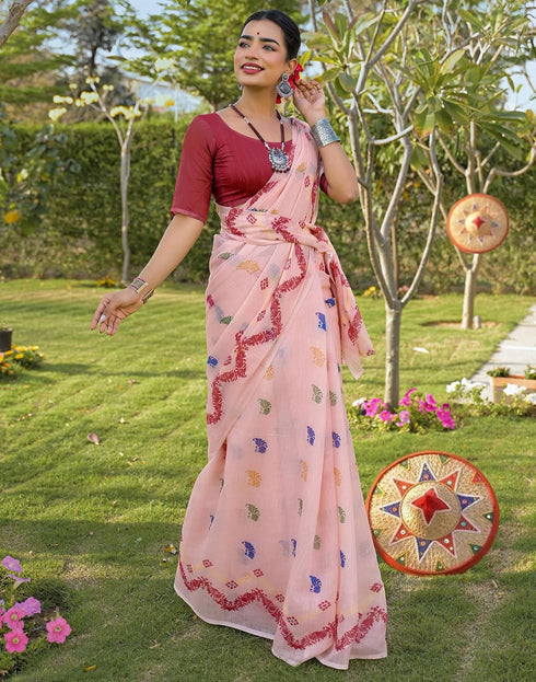 Vasthrlay Womens Printed Unstitched Peach Saree
