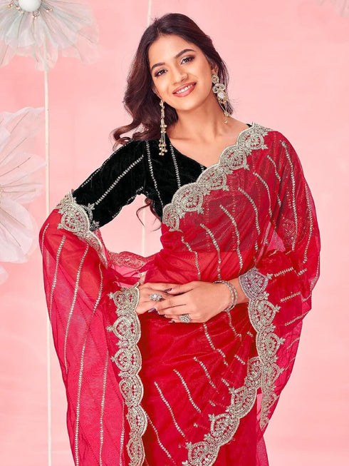 Vasthrlay Shimmer Embroidery Olive Saree