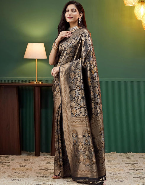 Vasthrlay Banarasi Kanjivaram Unstitched Black Saree