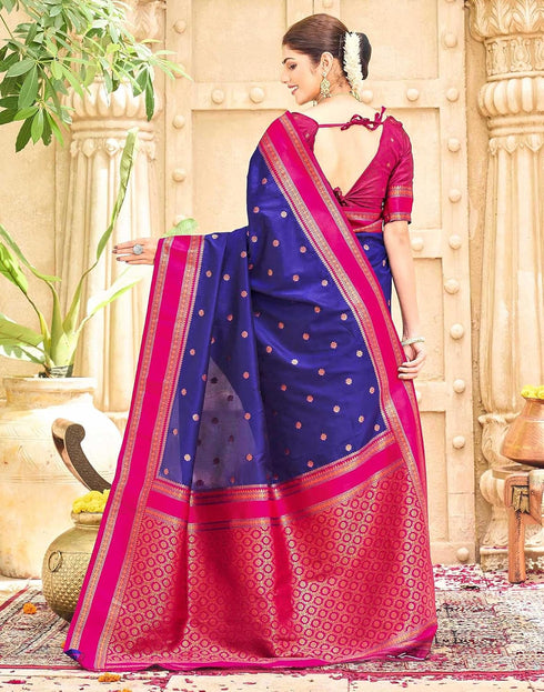 Vasthrlay Womens Paithani Blue Saree With Rani Pink Unstitched Blouse Piece