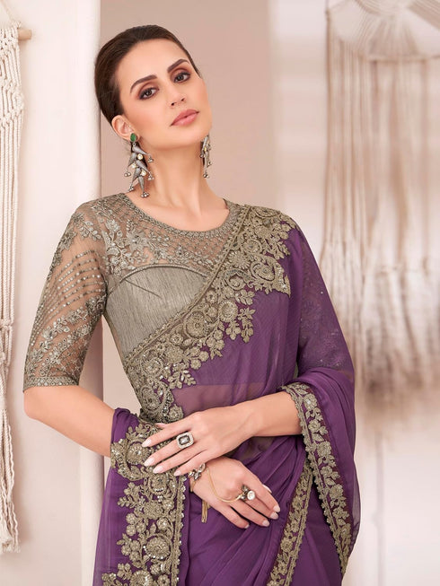 Vasthrlay Chiffon Embroidery Unstitched Purple Ethnic Wear