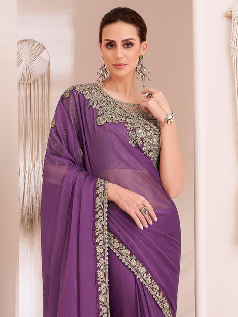 Vasthrlay Chiffon Embroidery Unstitched Purple Ethnic Wear