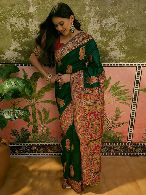 Vasthrlay Womens Weaving Unstitched Green Saree