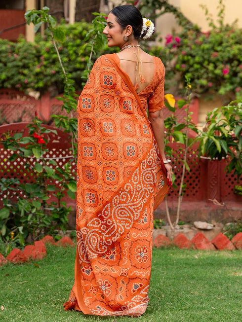 Vasthrlay Bandhani Printed Light Orange Saree With Unstitched Blouse Piece