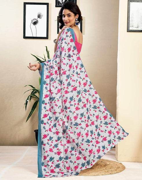 Vasthrlay Womens Printed White And Rani Pink Saree With Unstitched Blouse Piece