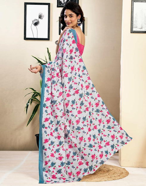 Vasthrlay Womens Printed Unstitched White Saree