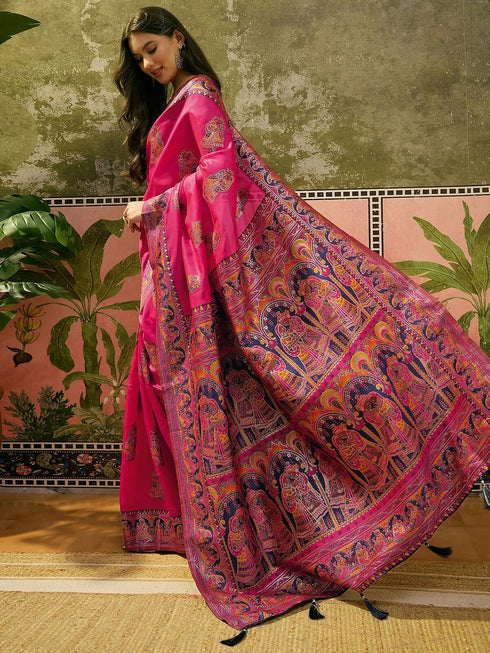 Vasthrlay Womens Weaving Pink Saree With Unstitched Blouse Piece