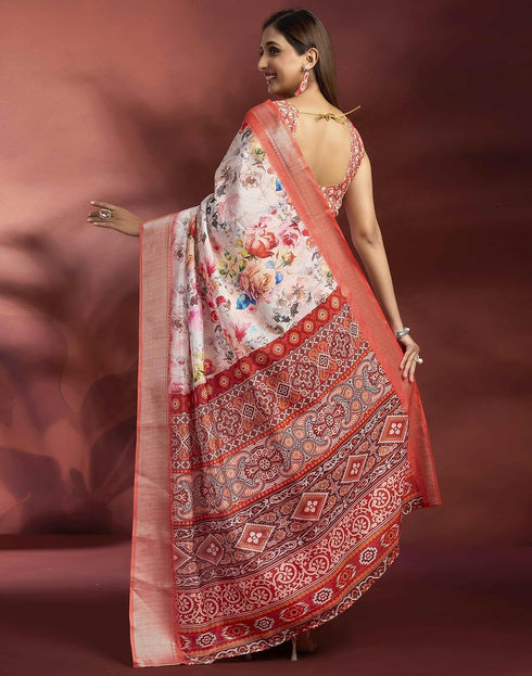 Vasthrlay Womens Printed Peach Saree With Unstitched Blouse Piece