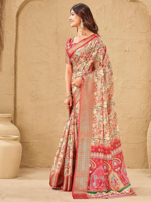 Vasthrlay Printed Jacquard Beige Saree With Red Unstitched Blouse Piece