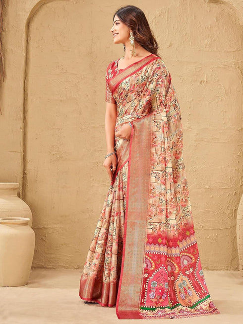 Vasthrlay Printed Jacquard Unstitched Dusty Pink Saree