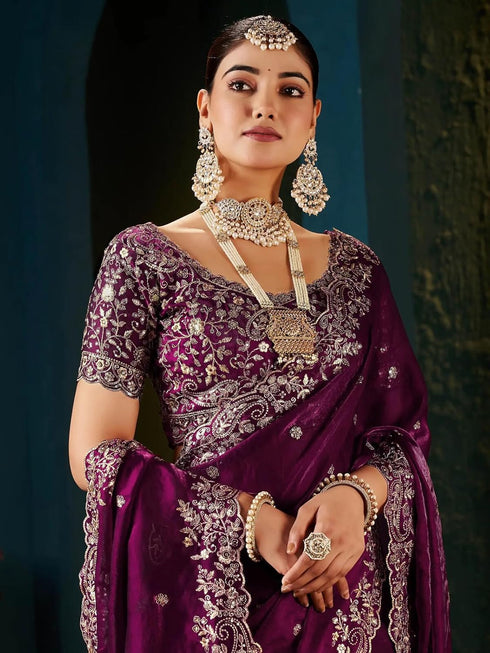 Vasthrlay Scalloped Embroidery Unstitched Rani Pink Saree