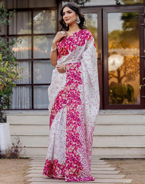 Vasthrlay Womens Printed Unstitched White Saree