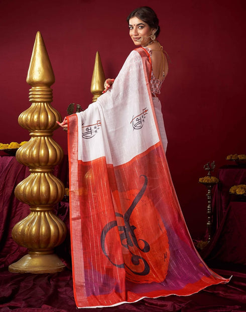 Vasthrlay Womens Printed Unstitched White Saree