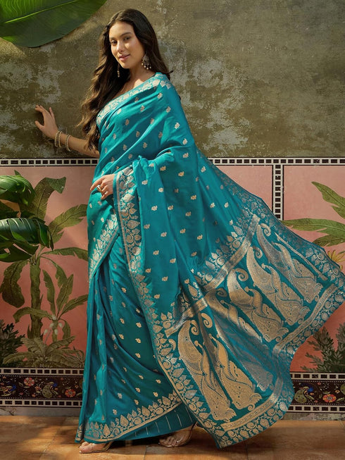 Vasthrlay Banarasi Jacquard Unstitched Navy Blue Saree