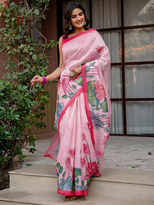 Vasthrlay Shimmer Printed Light Pink Saree With Unstitched Blouse Piece