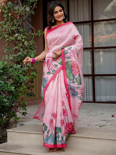 Vasthrlay Shimmer Printed Unstitched Light Green Saree