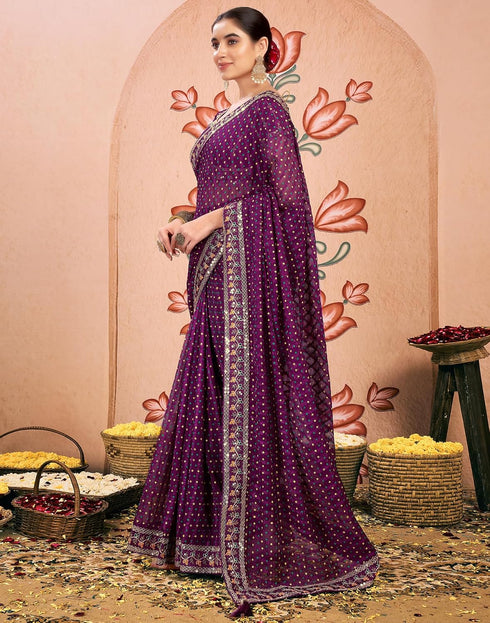 Vasthrlay Bandhani Embroidery Dark Purple And Golden Border Saree With Unstitched Blouse Piece