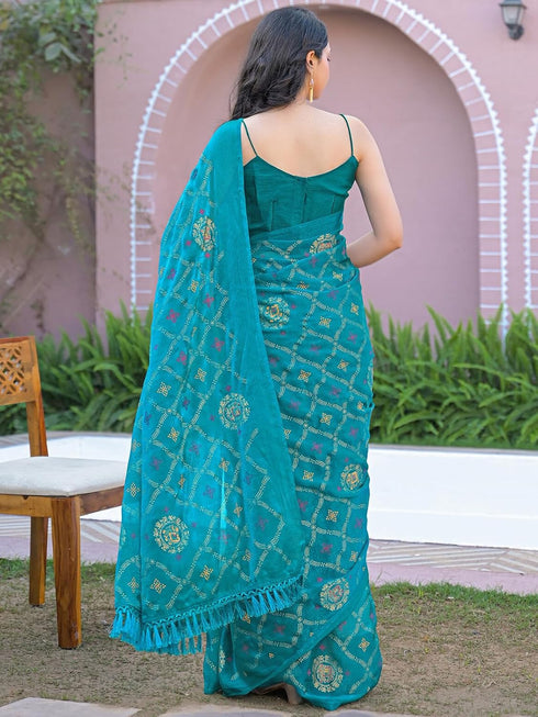 Vasthrlay Chiffon Printed Unstitched Teal Saree