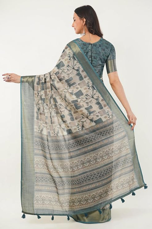 Vasthrlay Off White Teal Patchwork Print Polyester Saree With Zari Border And Unstitched Blouse Piece
