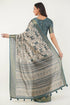 Vasthrlay Off White Teal Patchwork Print Polyester Saree With Zari Border And Unstitched Blouse Piece