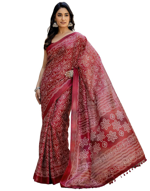 Vasthrlay Bandhani Printed Dark Red Saree With Unstitched Blouse Piece