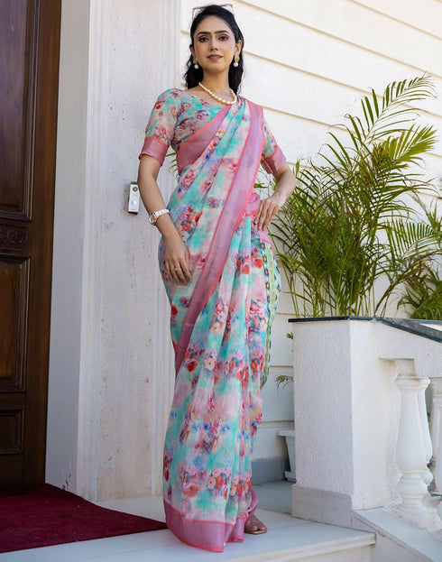 Vasthrlay Womens Cotton Unstitched Teal Saree