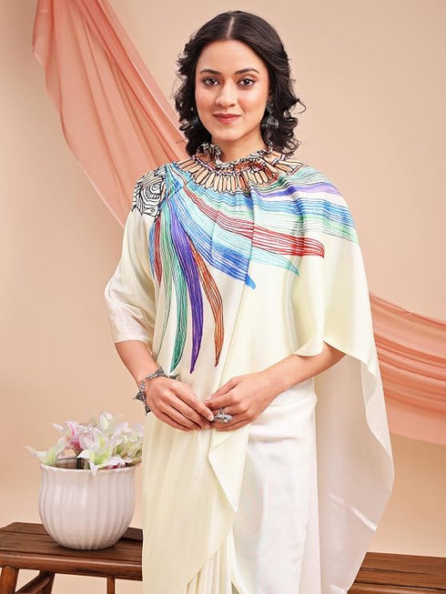 Vasthrlay Printed Kaftan Freehand Off White-Multi Bollywood Satin Saree with Unsticted Blouse Piece
