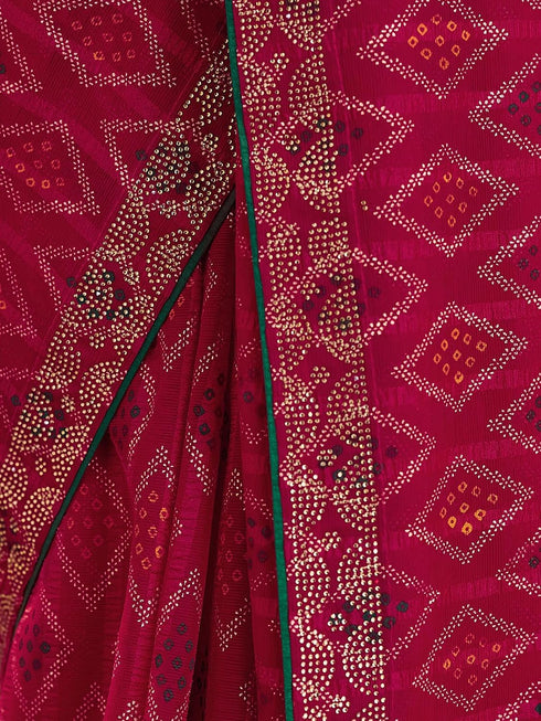 Vasthrlay Georgette Bandhani Printed Stone Work Rani Pink Saree With Unstitched Blouse