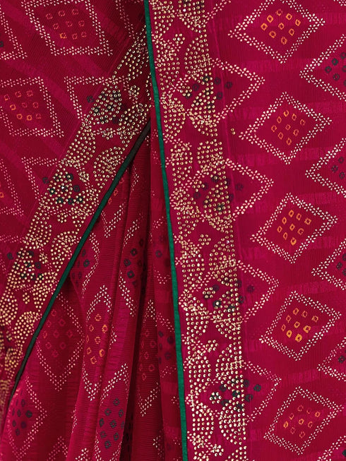 Vasthrlay Georgette Bandhani Unstitched Dark Green Saree