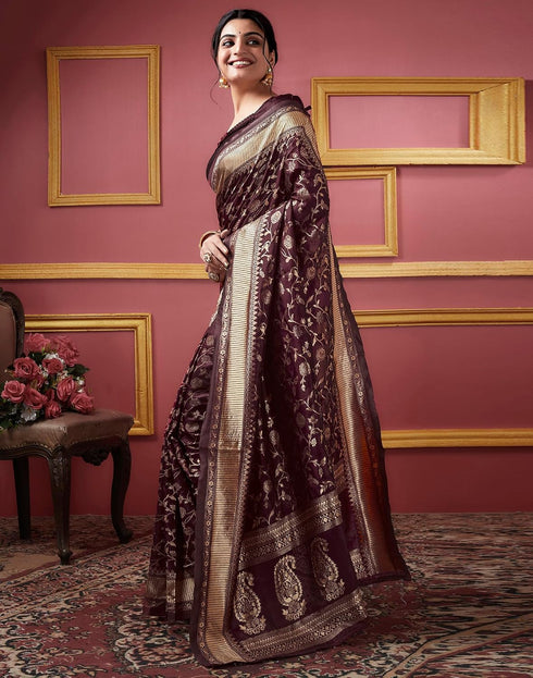 Vasthrlay Banarasi Jacquard Dark Maroon Saree With Unstitched Blouse Piece