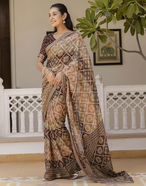 Vasthrlay Georgette Bandhani Unstitched Maroon Saree