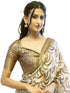 Vasthrlay Bronze Cream Geometric Triangle Print Polyester Saree With Muted Gold Zari Border And Teal Blue Ruched Unstitched Blouse Piece