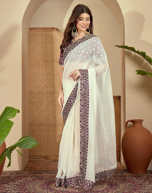 Vasthrlay Embroidery Chiffon Unstitched Off White Saree