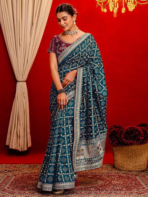 Vasthrlay Printed Bandhani Unstitched Dark Green Saree