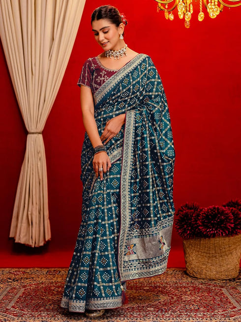 Vasthrlay Printed Bandhani Peacock Blue Saree With Maroon Unstitched Blouse Piece