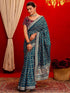 Vasthrlay Printed Bandhani Peacock Blue Saree With Maroon Unstitched Blouse Piece