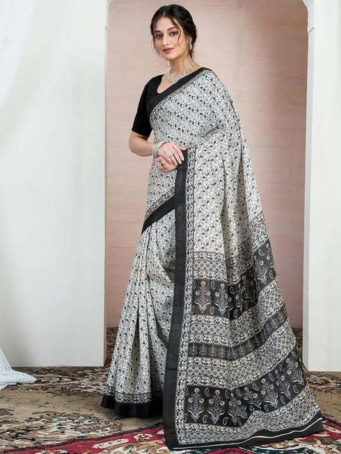 Vasthrlay Bandhani Printed White | Black Saree With Unstitched Blouse Piece